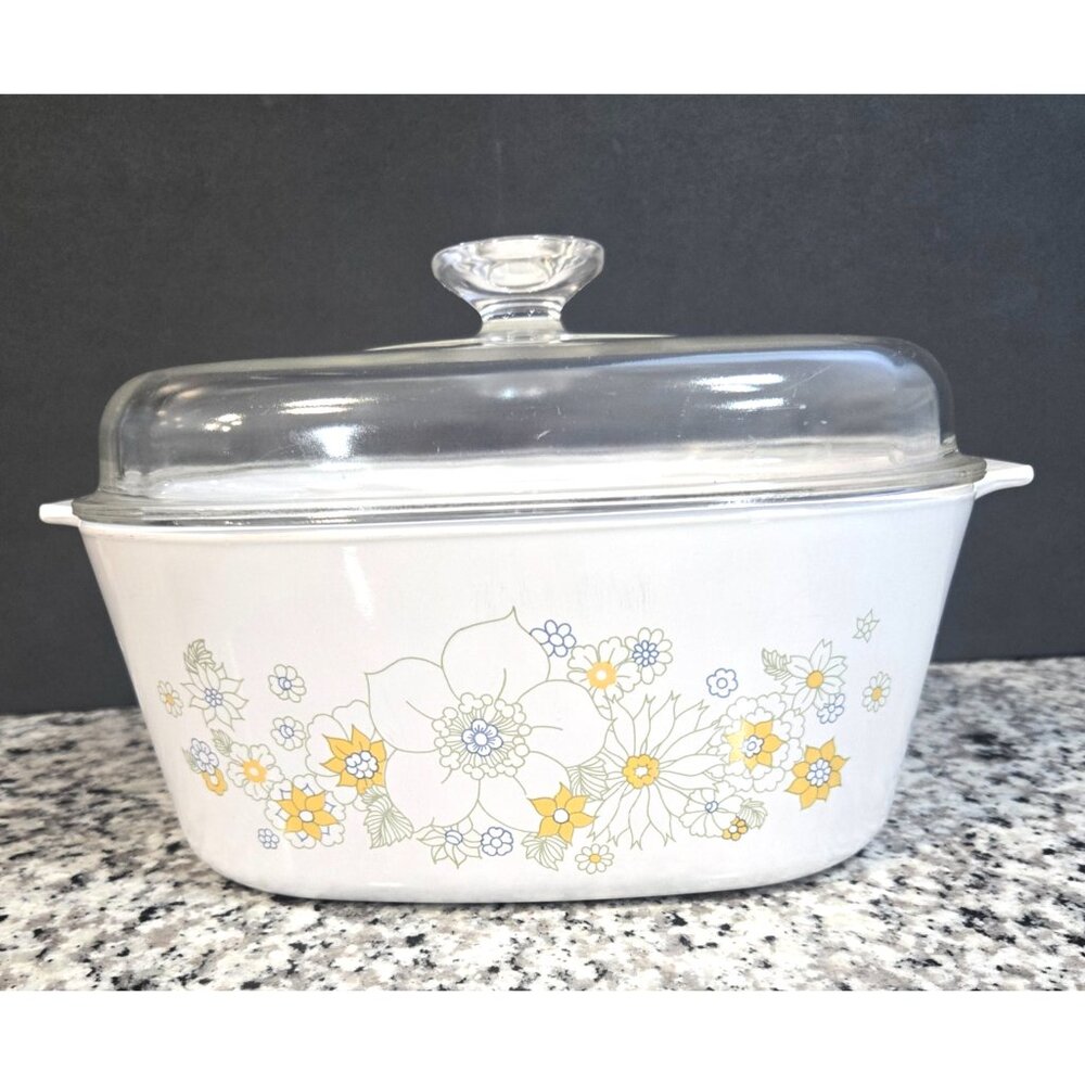 Vintage Corningware Pyroceram Ceramic 4 Qt Floral Bouquet Dish with Clear Lid